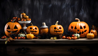 Halloween background with spooky pumpkins, copy space