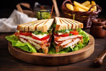 homemade club sandwich served with a basket of fresh veggies