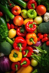 Close up overhead view of various colourful fresh fruits and vegetables.