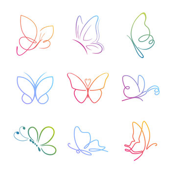 Collection of colorful Butterfly continuous line drawing elements. icon logo vector set