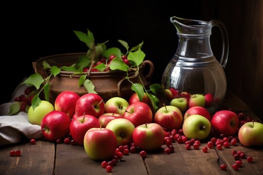 apples scattered next to a filled cider jug