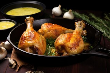 chicken legs in a cast-iron skillet shimmering with buttery garlic glaze