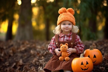 A lovely child in a orange bear hat with a toy bear and a pumpkin 