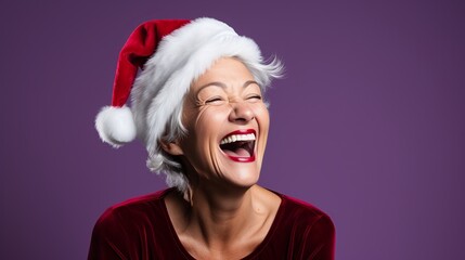 A delightful image of a gleeful woman donning a Santa hat, exuberantly highlighting a Christmas promotion. Her playful gesture of touching her tooth, paired with her cozy winter attire