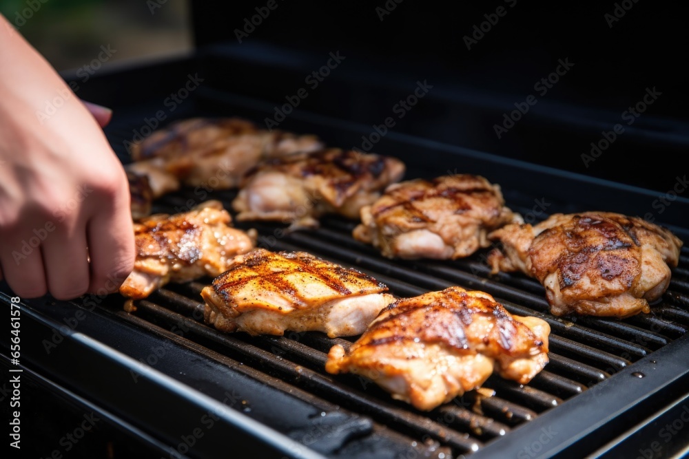 Sticker cooking chicken thighs on a griddle with a hand flipping them