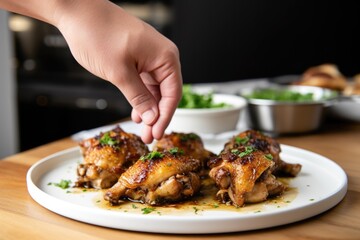 hand placing chicken thighs onto a white plated dish - obrazy, fototapety, plakaty