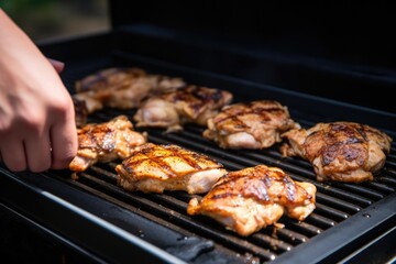 cooking chicken thighs on a griddle with a hand flipping them - obrazy, fototapety, plakaty