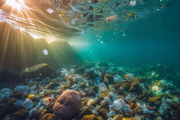 Obraz na płótnie Canvas plastic pollution of the ocean underwater photo. AI