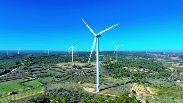 Aerial view of the surroundings of the wind farm and Iberian town of Coll del Moro in the municipality of Gandesa. Terra Alta. Tarragona. Catalonia. Spain. Europe
