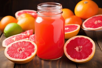grapefruit halves, full fruit, and juice in a mason jar