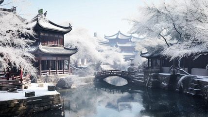 Winter landscape ancient chinese city embankment, chinese new year. - obrazy, fototapety, plakaty