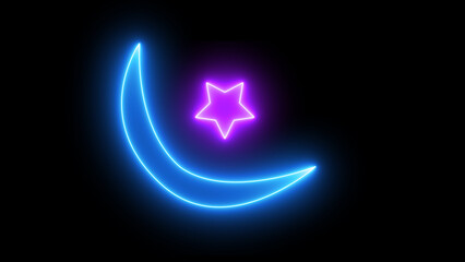 Blue pink color Moon and purple color star . Home decor. black  background .Good night. Neon Sign Led Light, Neon sign moon and stars. Neon sign .