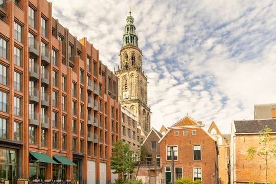 View at a city square in front of the Martinitoren church tower in Groningen, The Netherlands
