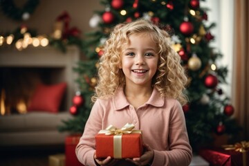 A beautiful blonde curly haired girl smiles and looks at the camera on a New Year's background and holds a gift box in her hands.