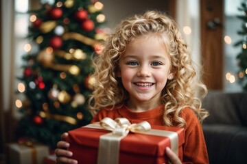 Happy joyful child a girl with curly hair wearing a red sweater holds a gift box and looks at the camera and smiles. New Year, Christmas, holiday, family and children concept.