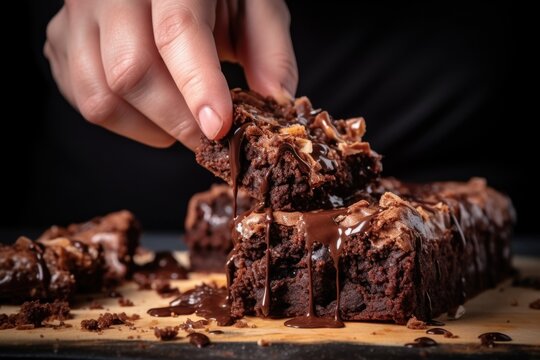 plucking a piece of a gooey chocolate brownie with fingers