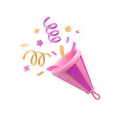 3D party popper with confetti in pink and yellow colors. Plastic stars, squiggles render, paper ribbon splash. Birthday, new year greeting, congrats event element. Vector illustration