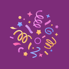 3D party confetti render. Plastic spirals, cartoon stars, circle, paper tapes. Colorful firecracker elements. Vector Illustration for birthday, greeting event, new year banner design.