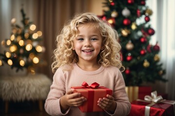 A happy girl wearing a pink sweater holds a red gift box and smiles at the camera on a New Year's background. Christmas, holiday, family and children concept.