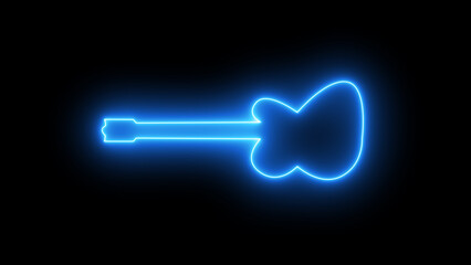 Acoustic guitar, beautiful blue neon glow. Musical instrument, retro. Night signboard.   Blue neon guitar and music notes,  glowing musical signs, - obrazy, fototapety, plakaty
