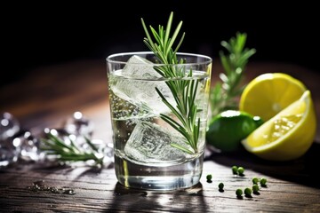 Fototapeta premium a gin and tonic garnished with a sprig of rosemary