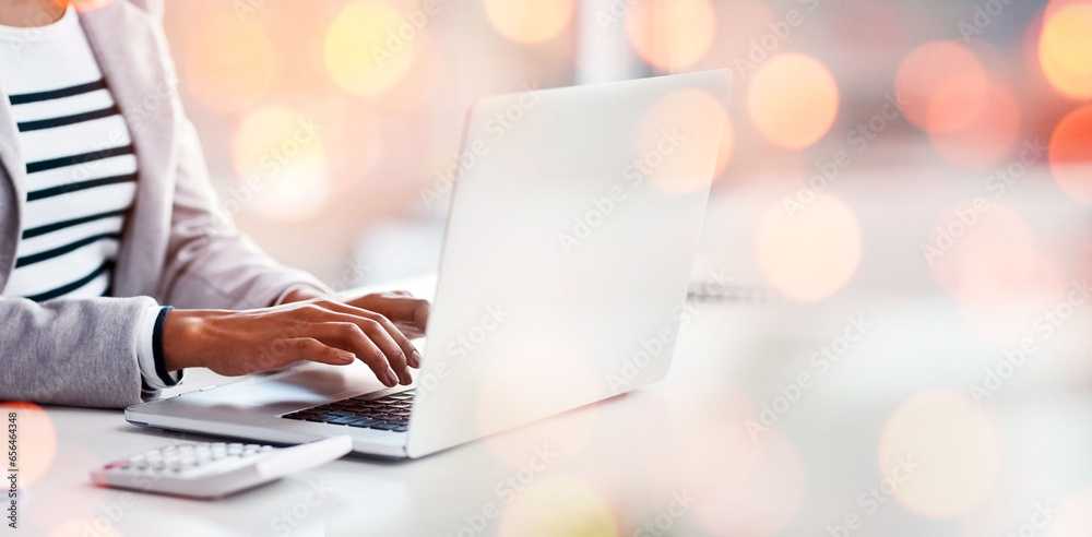Aufkleber laptop, working and business woman by bokeh with document for accounting budget research project. te