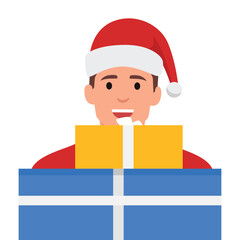 Young man with boxes of present with santa hat.