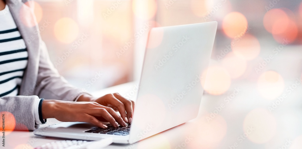 Poster laptop, bokeh and business woman doing research with document working on accounting budget project. 