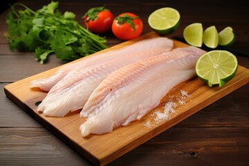fish fillets splayed out on a wooden board with lime halves nearby
