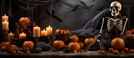 Halloween background with pumpkins, candles and a skull