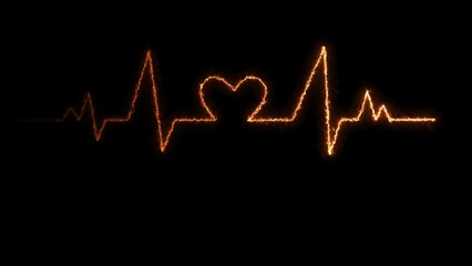Glowing neon Heart Rate orange color.Neon Digital Heartbeat Plus black BG, heartbeat Line Cardiogram medical background, EKG ECG Heartbeat,
