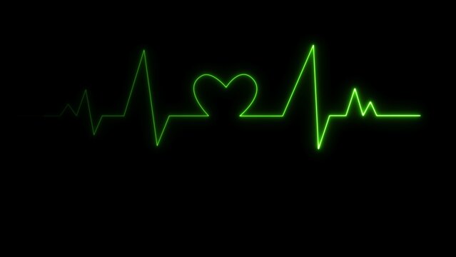 Glowing neon heart rate .neon digital heartbeat plus black BG, heartbeat line Cardiogram medical  black background, EKG ECG Heartbeat,