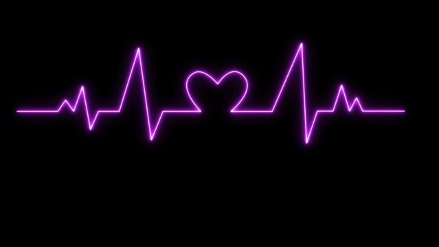 Purple color glowing neon heart rate .neon digital heartbeat plus black BG, heartbeat line Cardiogram medical background, EKG ECG Heartbeat,