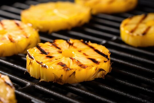 close-up photo of pineapple slices on a grill
