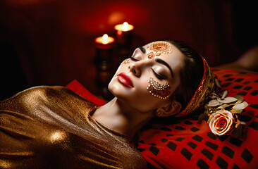 An indian woman with face paint sleep next to diya oil lamp and rose