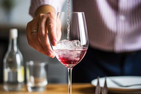 hand filling a wine glass with fizzy club soda
