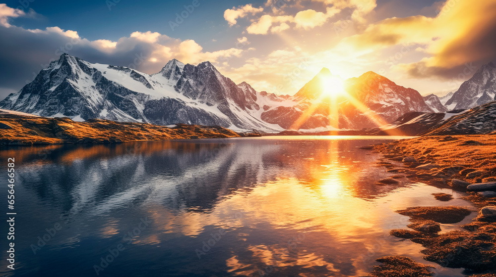 Poster sunrise over the foggy lake in the mountains, Canada backcountry and Rocky Mountains 