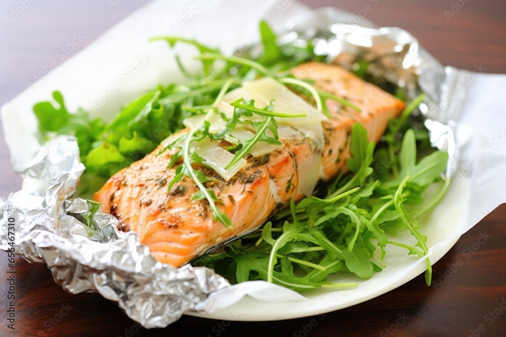 Poster a grilled salmon steak wrapped in foil packet with some greens