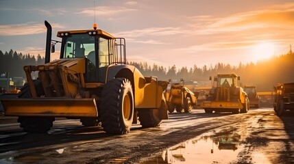 Two heavy wheeled tractor one excavator and other construction machinery in the morning sun - obrazy, fototapety, plakaty