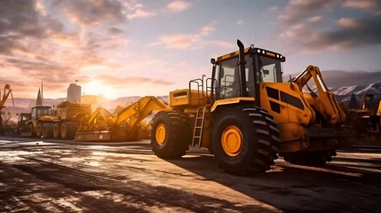 Fotobehang Two heavy wheeled tractor one excavator and other construction machinery in the morning sun © Lucky Ai