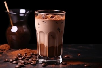 chocolate milk with ice cubes in a transparent glass