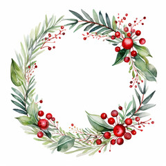  Watercolor Christmas Wreath Circle Round Banner with Fir, Mistletoe and Holy Berries and Pine Cones, Green Branches and Red Berries. Copy Space, Place for Text. Winter Autumn Wreath. Hand painted.