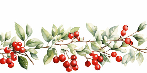 Obraz premium Watercolor Christmas Wreath Circle Round Banner with Fir, Mistletoe and Holy Berries and Pine Cones, Green Branches and Red Berries. Copy Space, Place for Text. Winter Autumn Wreath. Hand painted.