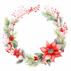 Fototapeta na wymiar Watercolor Christmas Wreath Circle Round Banner with Fir, Mistletoe and Holy Berries and Pine Cones, Green Branches and Red Berries. Copy Space, Place for Text. Winter Autumn Wreath. Hand painted.