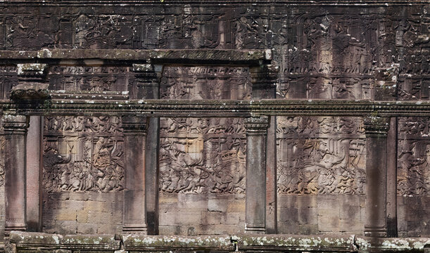 Bas-relief at Bayon temple in Angkor Thom. Siem Reap. Cambodia. Panorama