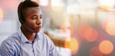 Telemarketing, customer care and man in office with bokeh for crm telemarketing consultation....