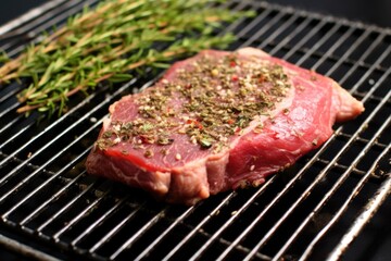 raw steak with herb rub on a metal grilling basket