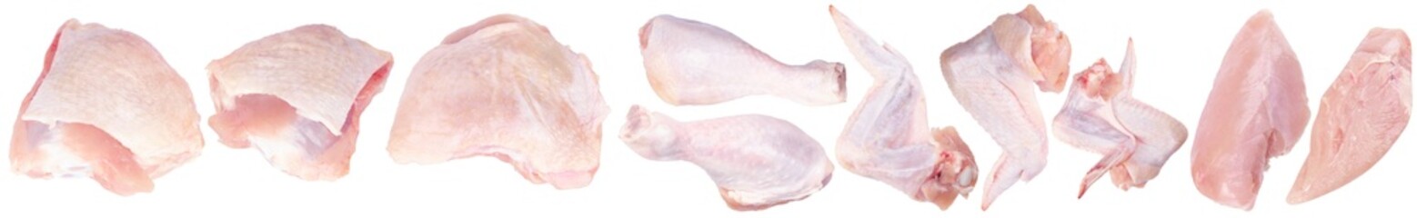 Set of raw chicken butchering. shin, wings, thigh and chicken fillet  isolated on transparent...