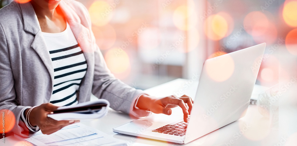 Poster laptop, bokeh and business woman typing with document for accounting budget research project. techno