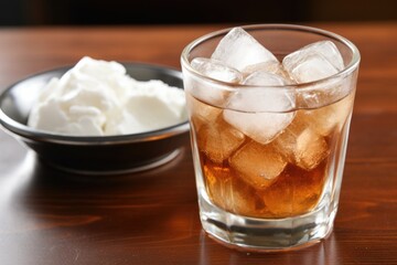 bowl of ice cubes with glass of cream soda